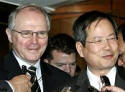 US nuclear envoy Christopher Hill, left, and South Korean counterpart Chun Yung-woo talk to reporters after dinner meeting in Seoul, 01 Apr 2008